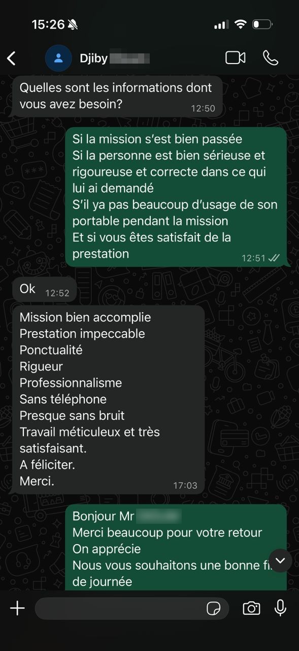 Avis WhatsApp de Djiby D., client Kay Diapalema