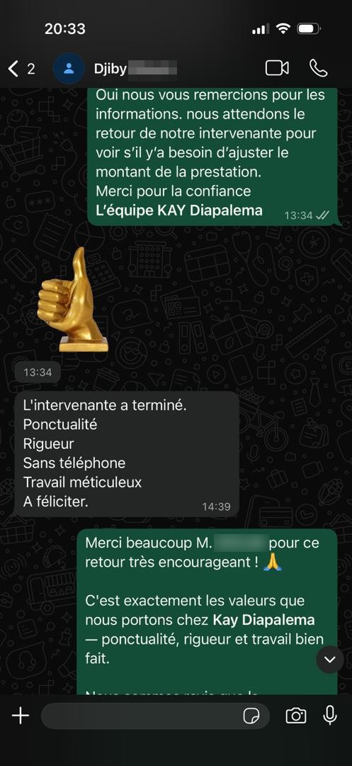 Avis WhatsApp de Djiby D., client Kay Diapalema