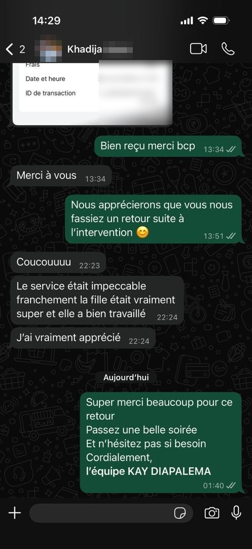 Avis WhatsApp de Khadija N., client Kay Diapalema