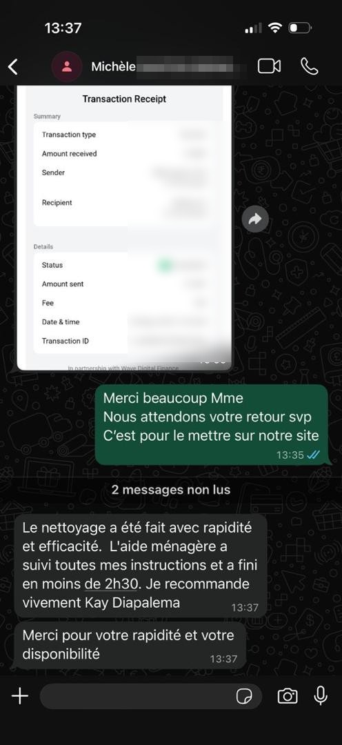 Avis WhatsApp de Michèle S., client Kay Diapalema