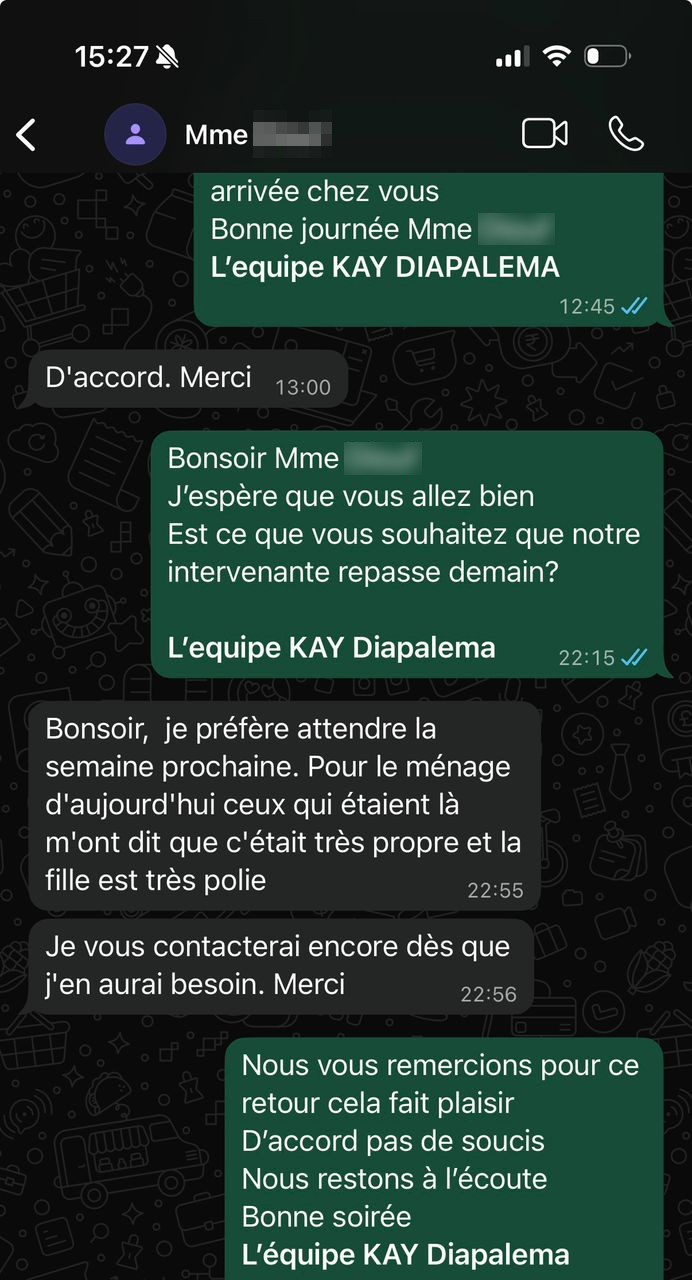 Avis WhatsApp de Mme D., client Kay Diapalema