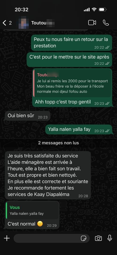 Avis WhatsApp de Toutou S., client Kay Diapalema